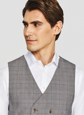 Szara dwurzędowa kamizleka w drobną kratkę