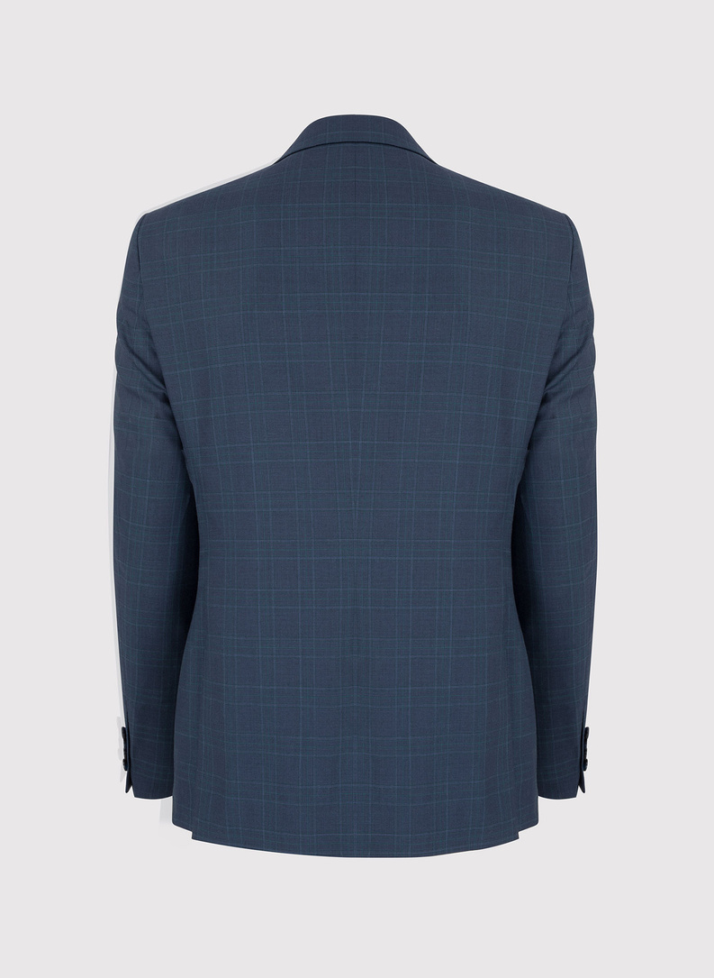 Wełniany granatowy garnitur w subtelną kratkę