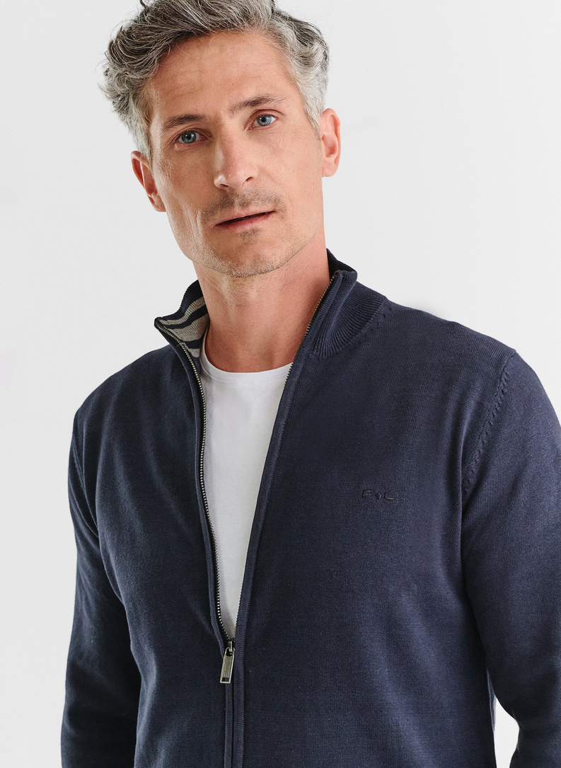 Granatowy rozpinany sweter męski ze stójką