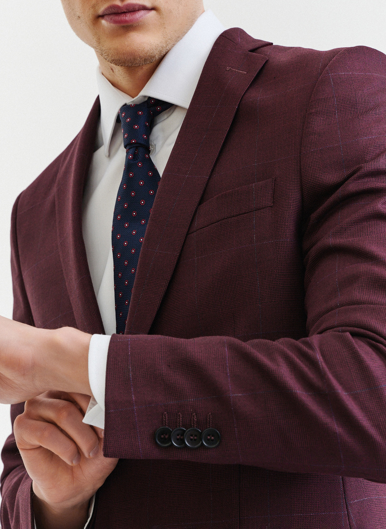 Bordowa marynarka garniturowa w subtelną kratę