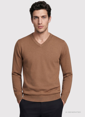 Kamelowy sweter męski w serek