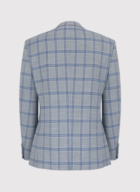 Szara marynarka garniturowa w niebiesko-białą kratę