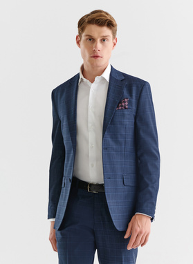 Granatowy garnitur w delikatną niebieską kratkę