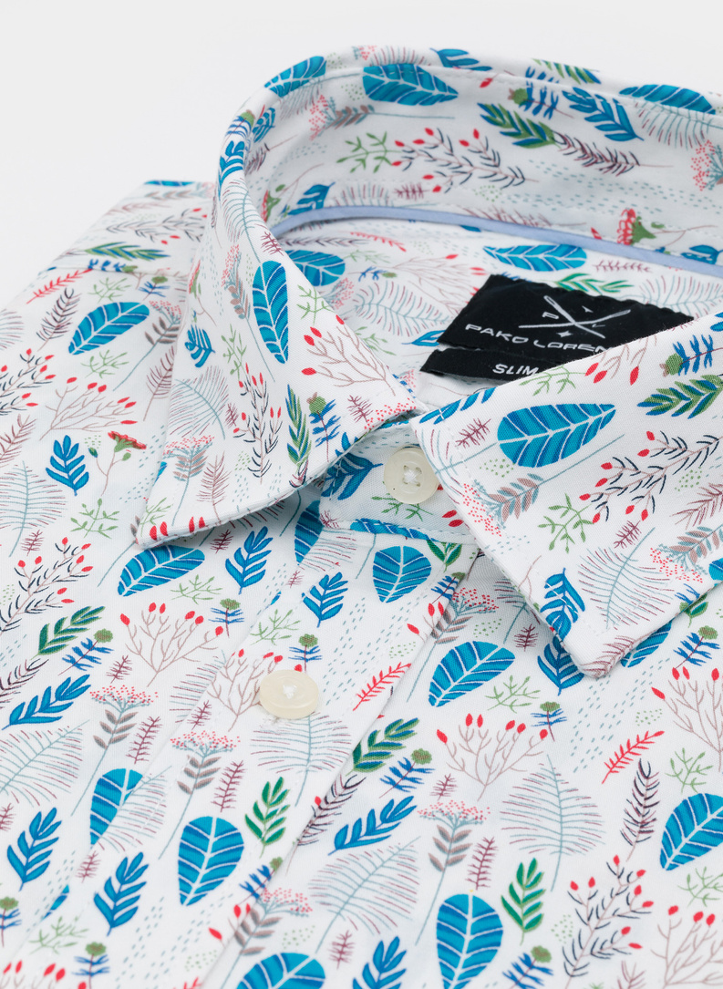 Biała koszula męska na krótki rękaw w kolorowy roślinny deseń