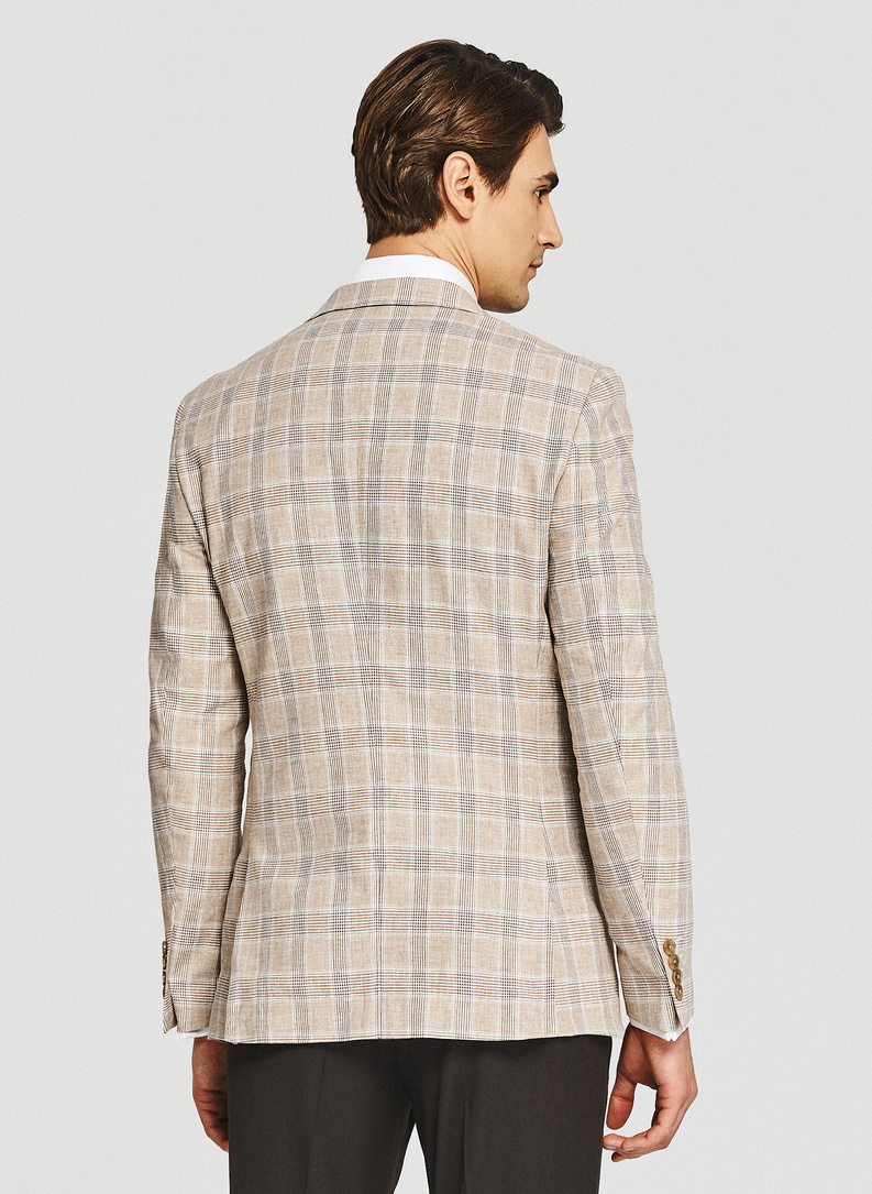 Beżowa marynarka w kratkę z lnem i bawełną
