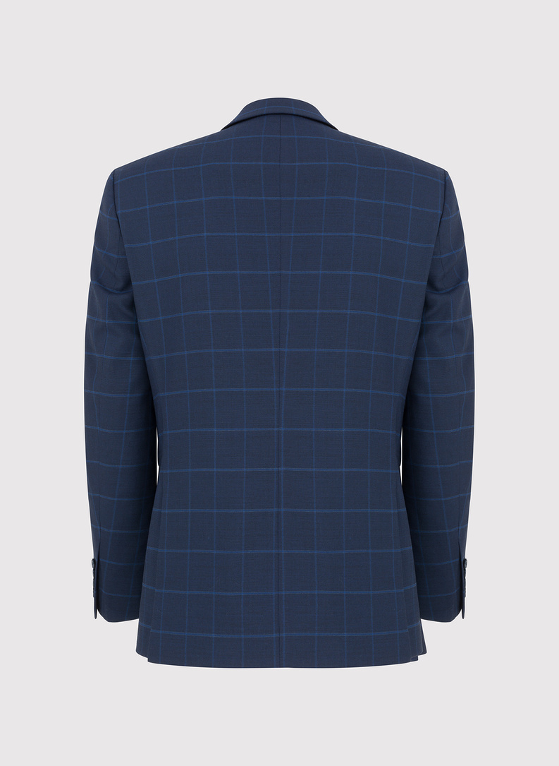 Dwuczęściowy granatowy garnitur męski w niebieską kratę