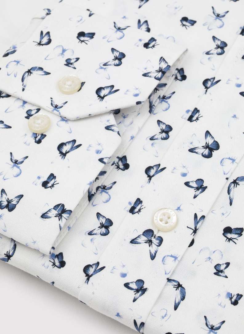 Biała koszula męska w granatowe motylki