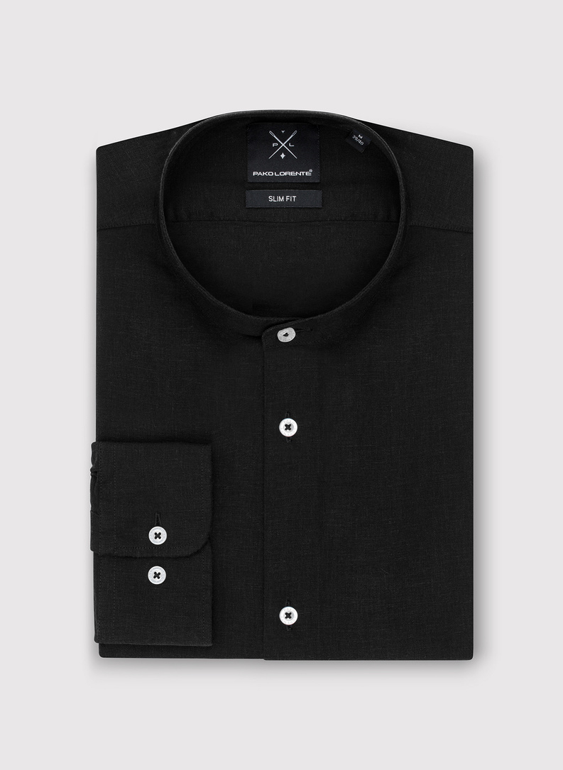 Lniana czarna koszula męska ze stójką