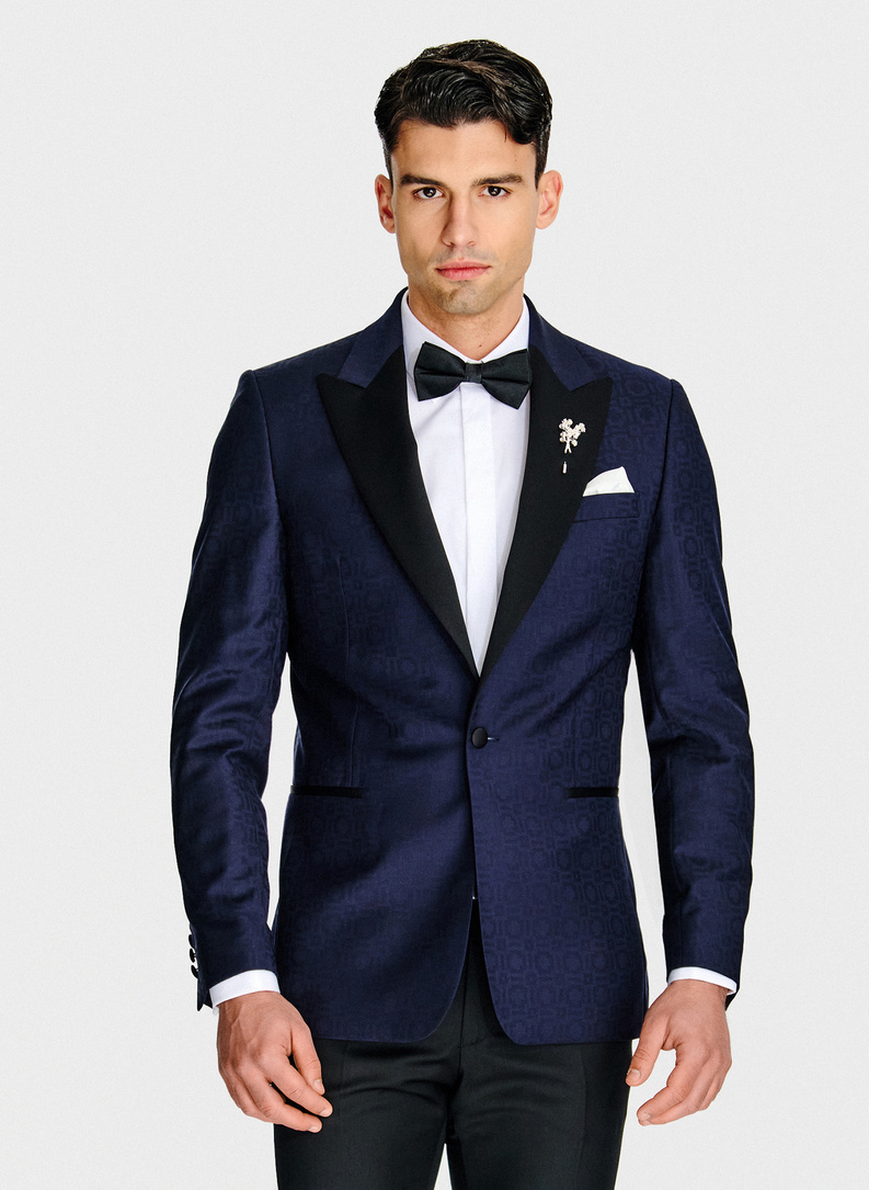 Granatowa żakardowa marynarka smokingowa