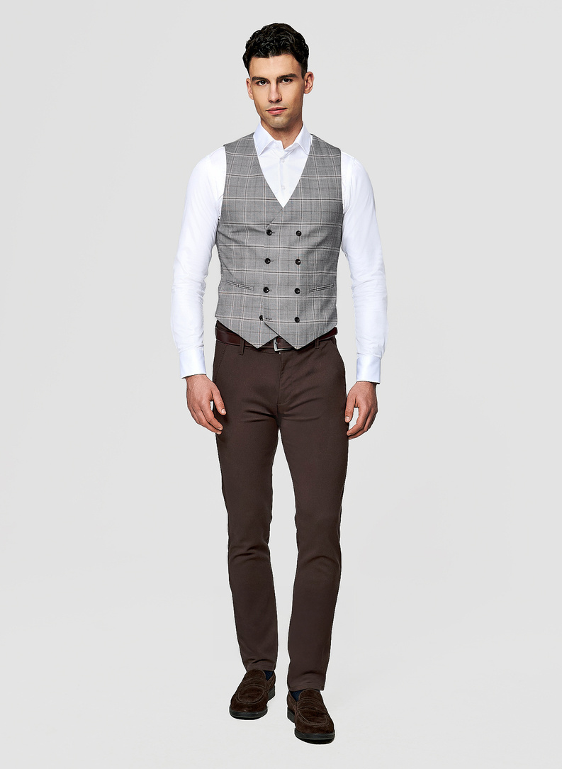 Szara dwurzędowa kamizelka w kratę