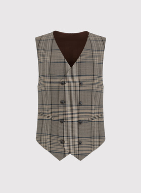 Brązowa dwurzędowa kamizelka męska w kratę