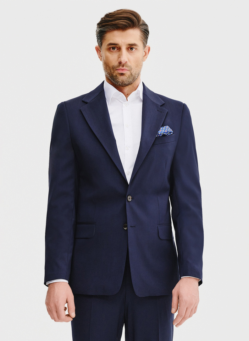Wełniany granatowy garnitur męski