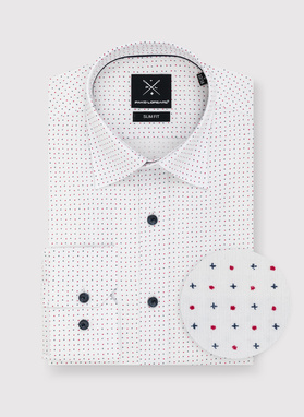 Biała koszula w granatowo-czerwony mikrowzór