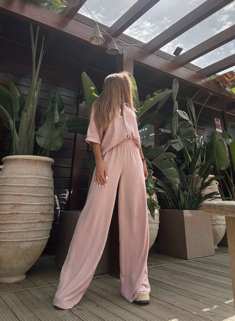 Lniany komplet damski CELEBRYTKA pudrowy róż