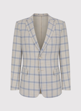 Beżowy garnitur w niebieską kratę