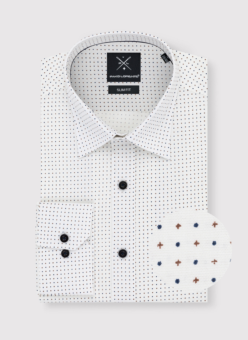 Biała koszula w granatowo-beżowy mikrowzór