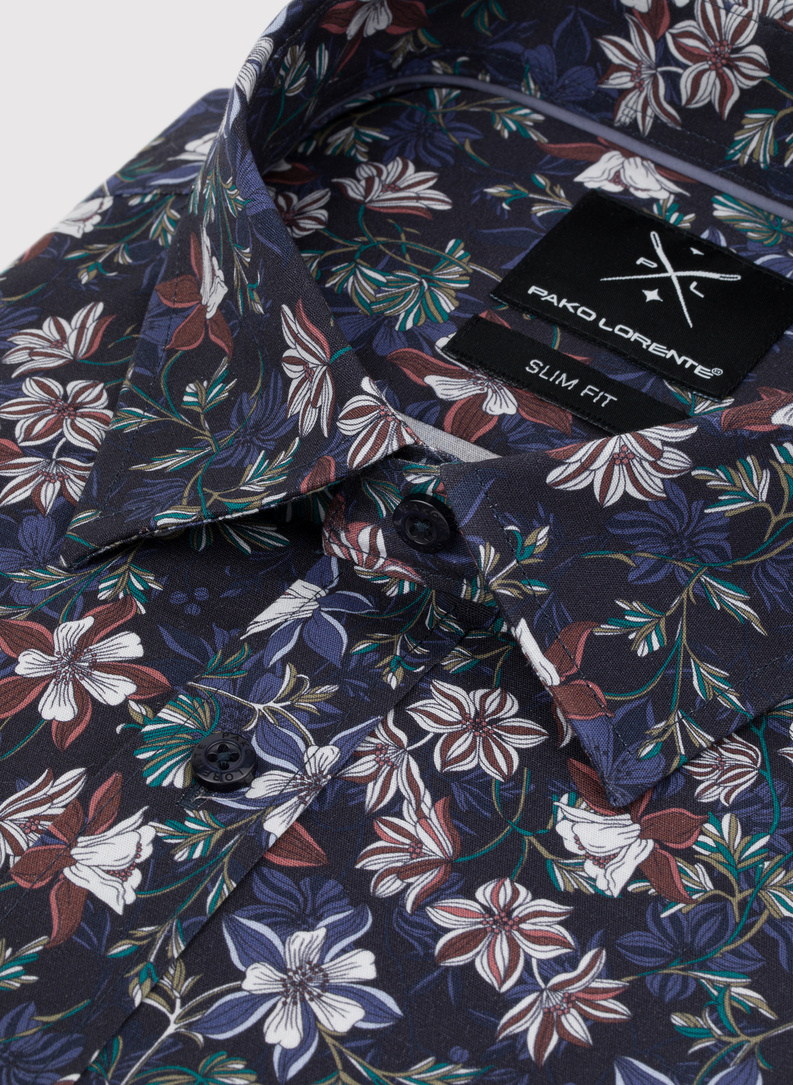 Granatowa koszula męska w kwiaty