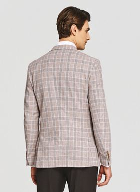 Beżowa marynarka w kratkę z lnem i bawełną