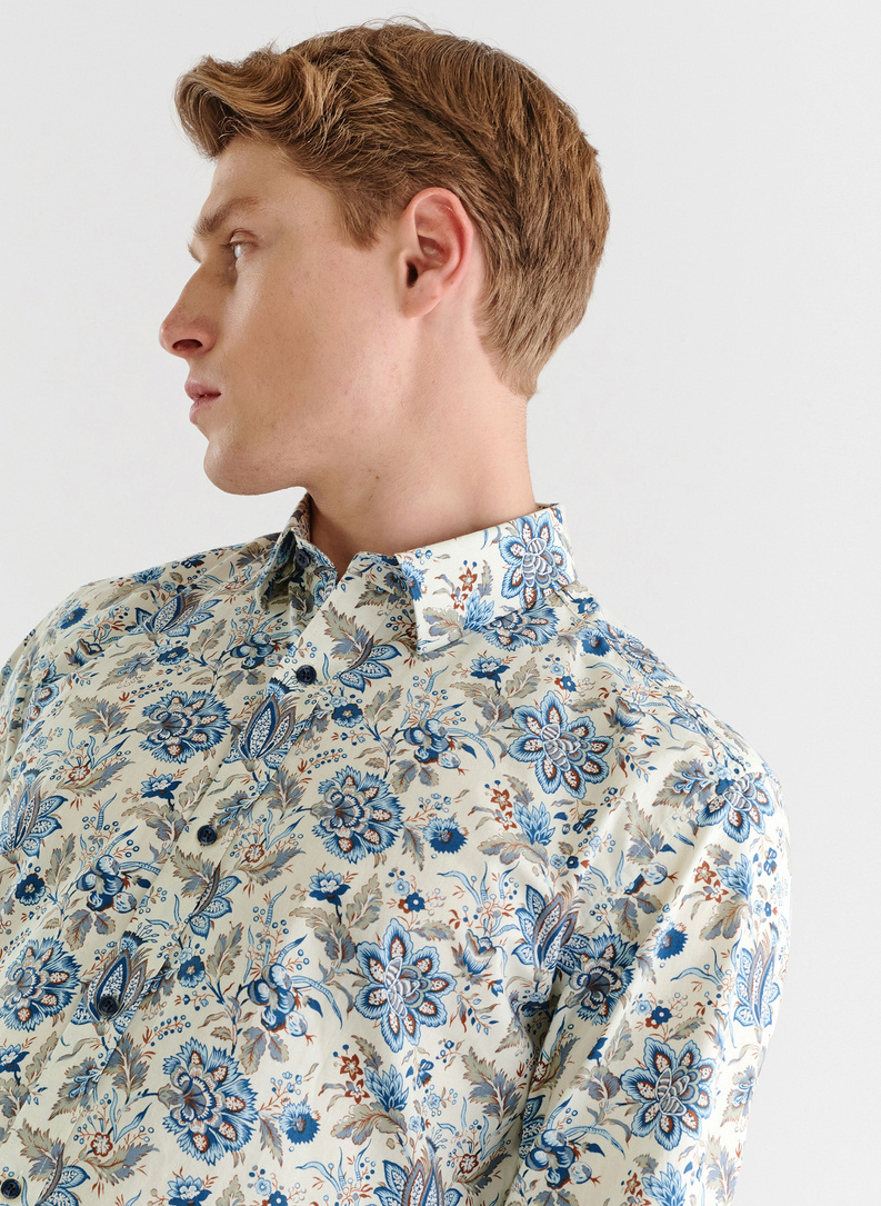 Beżowa koszula męska w kwiatowy print