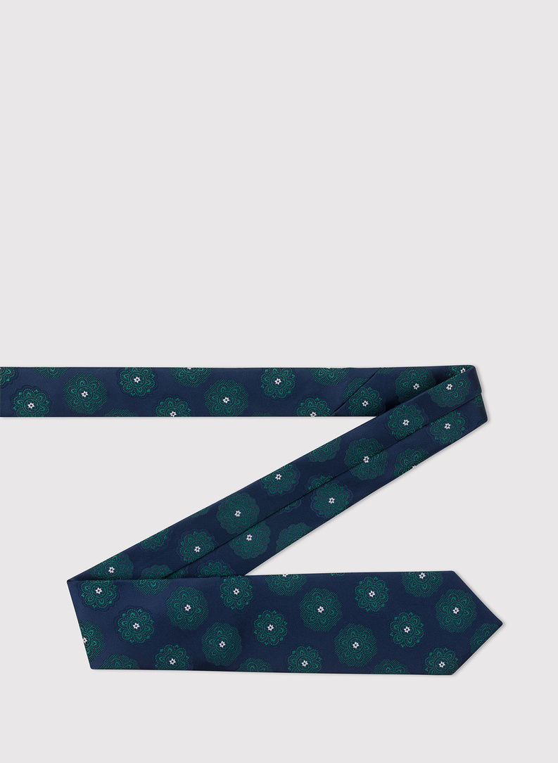 Granatowy krawat męski w zielone rozetki