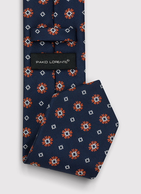 Granatowy krawat w rudo-srebrny wzór