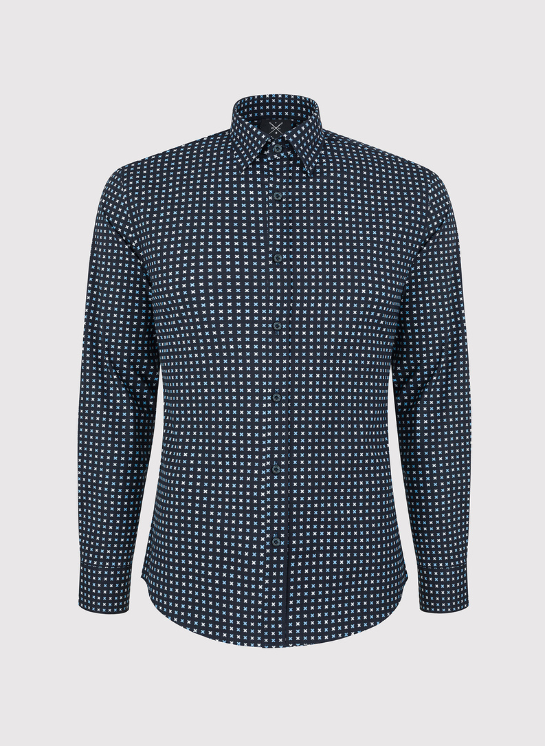 Granatowa koszula w niebiesko-biały mikrowzór