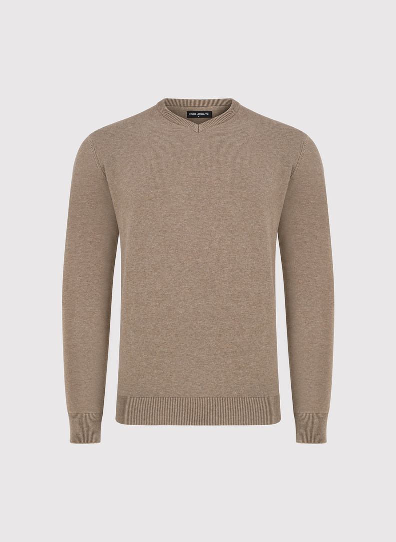 Beżowy męski sweter w serek 