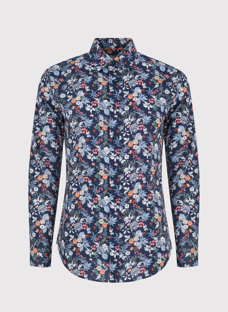 Granatowa koszula w kolorowy wzór