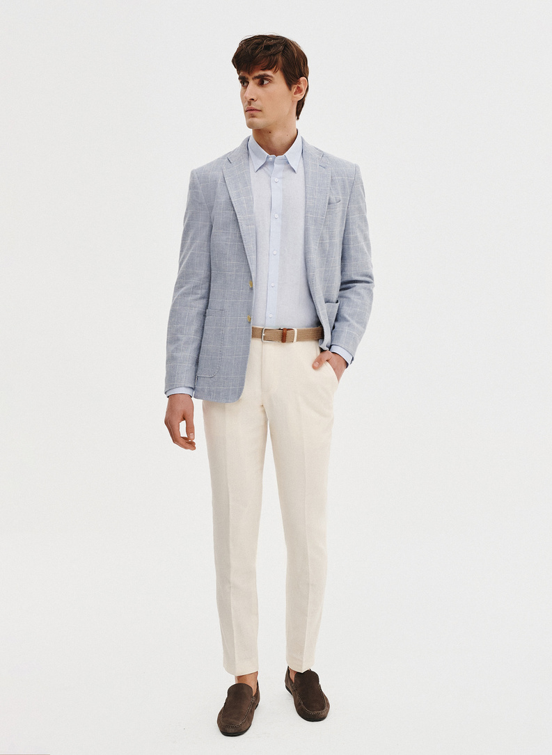 Niebieska marynarka z lnu w kratkę