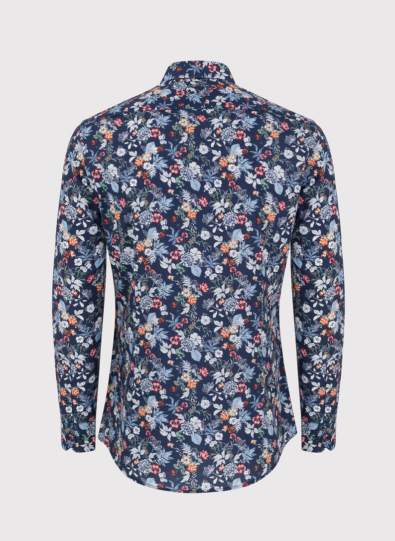 Granatowa koszula w kolorowy wzór