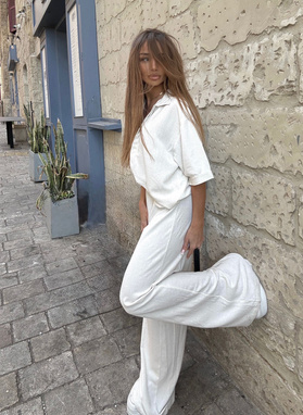 Lniany komplet damski CELEBRYTKA jasny beż