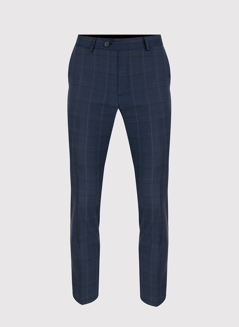 Dwuczęściowy granatowy garnitur męski w kraciasty deseń