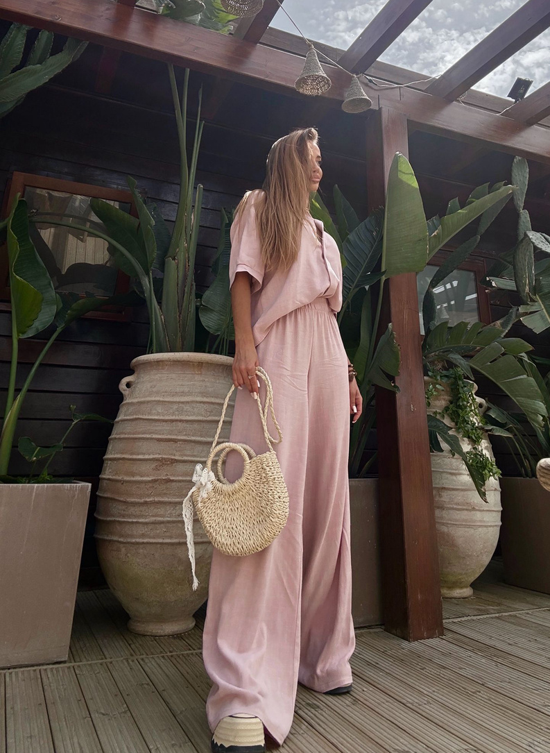 Lniany komplet damski CELEBRYTKA pudrowy róż