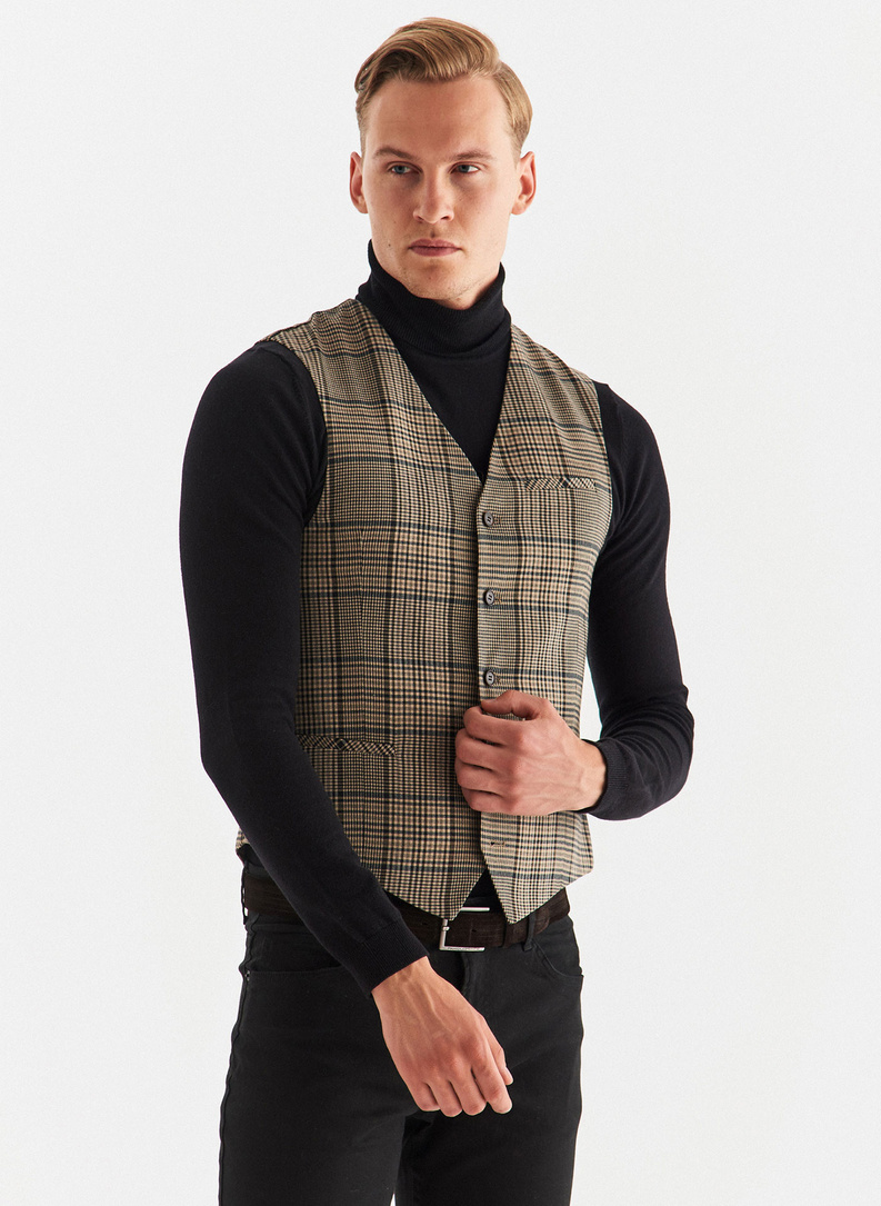 Kamizelka męska w beżowo-brązową kratę