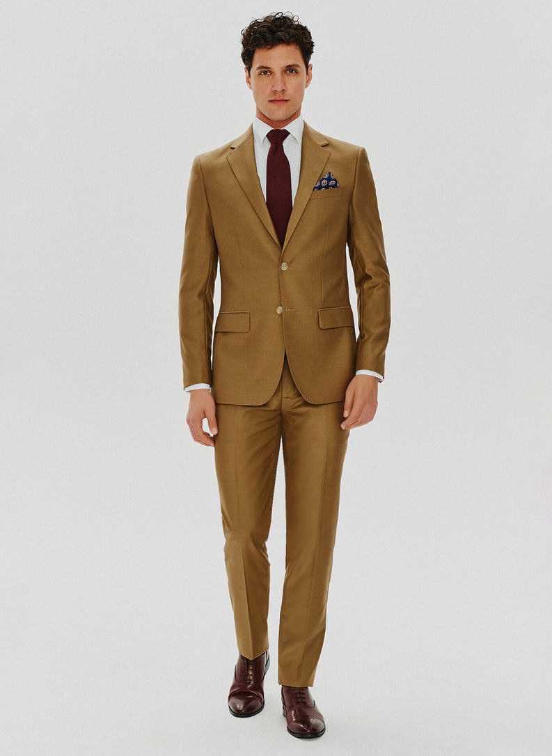 Jasnobrązowa garniturowa marynarka męska z wełną 