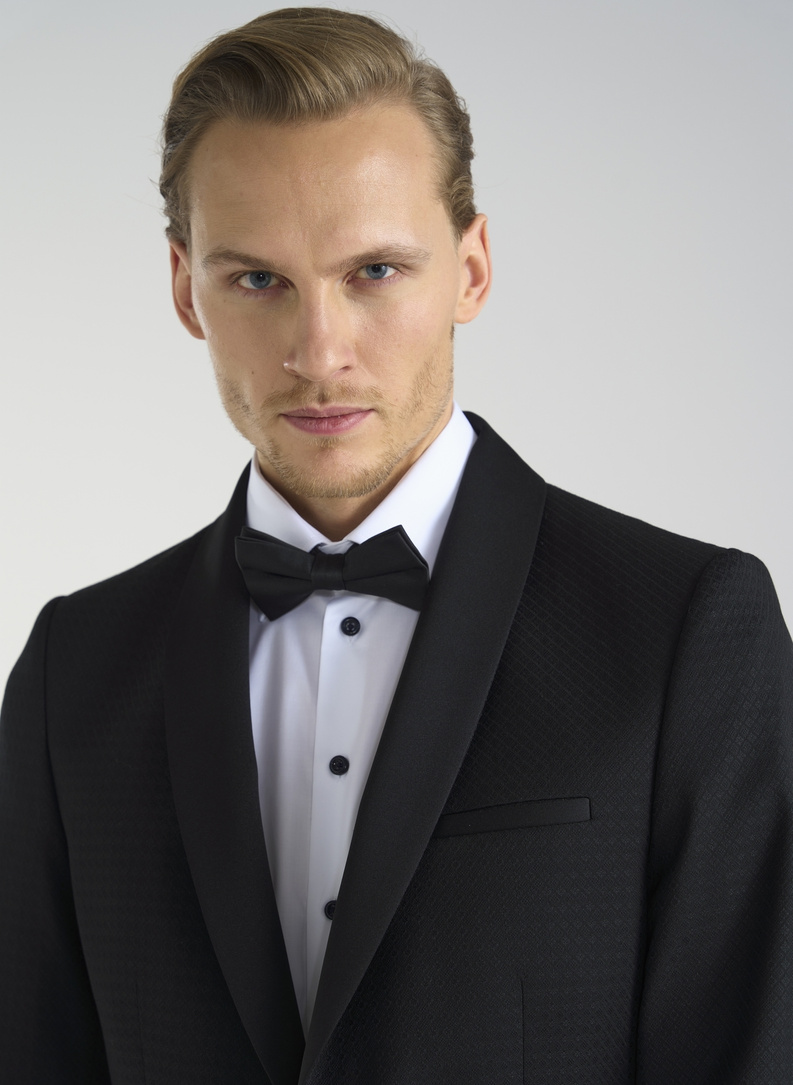 Wełniana czarna marynarka smokingowa w mikrowzór