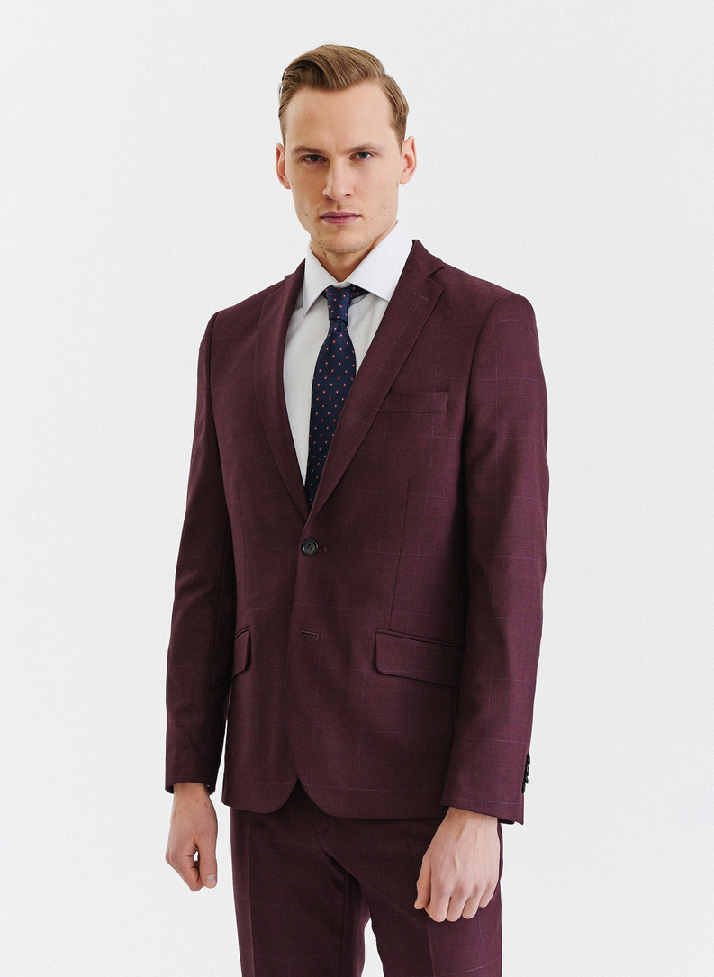 Bordowa marynarka garniturowa w subtelną kratę
