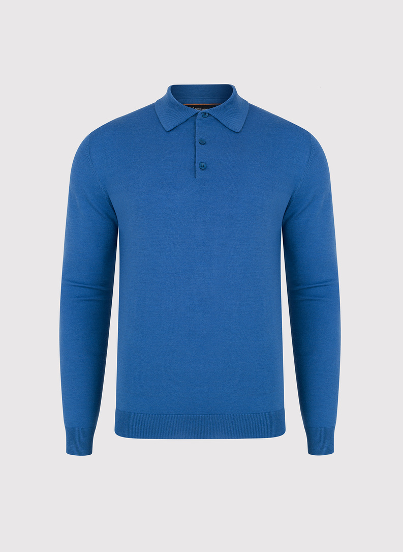 Męski niebieski sweter z kołnierzykiem polo
