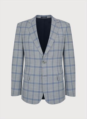 Szara marynarka garniturowa w niebiesko-białą kratę