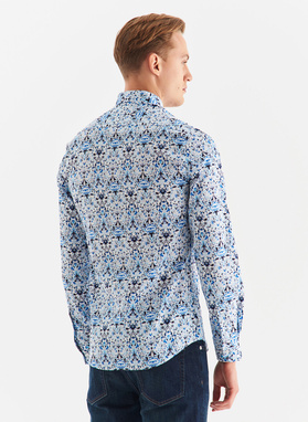 Biała koszula męska w niebieski roślinny wzór