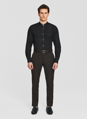 Lniana czarna koszula z kołnierzem stójką