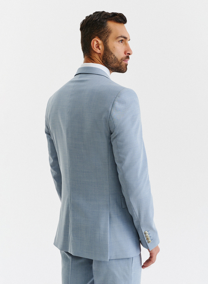 Gładki błękitny garnitur męski z wełny