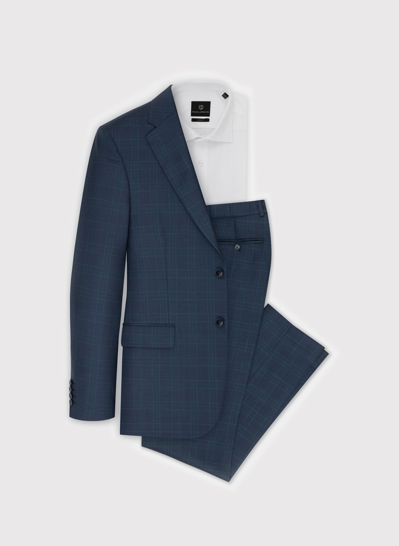Wełniany granatowy garnitur w subtelną kratkę