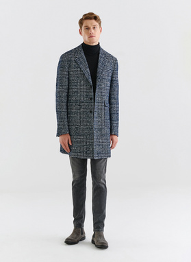 Granatowy męski płaszcz w kratę