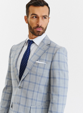 Szara marynarka garniturowa w niebiesko-białą kratę