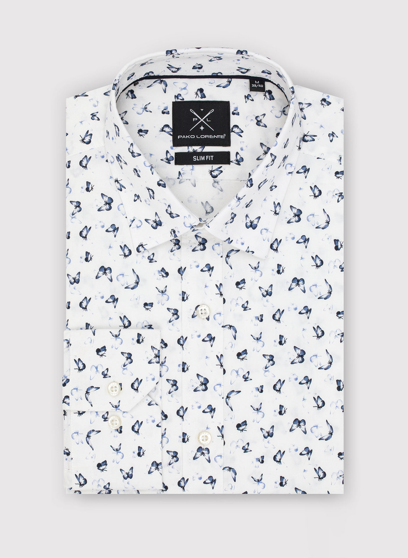 Biała koszula męska w granatowe motylki
