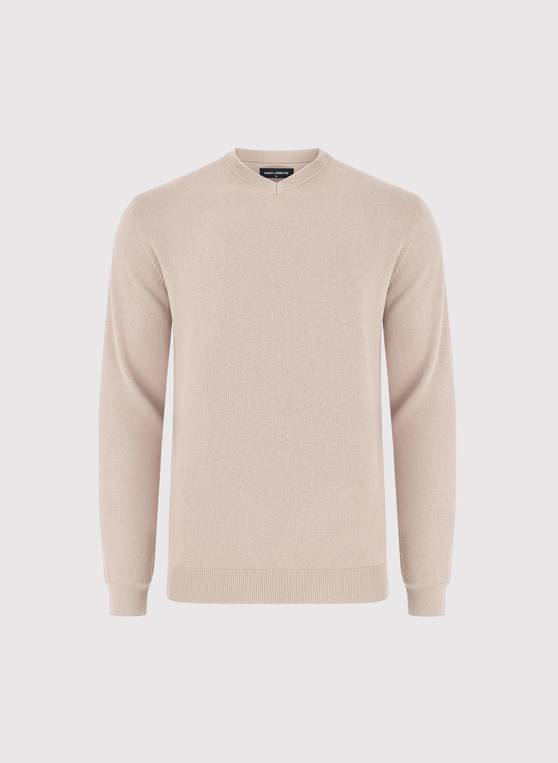 Beżowy sweter męski w serek