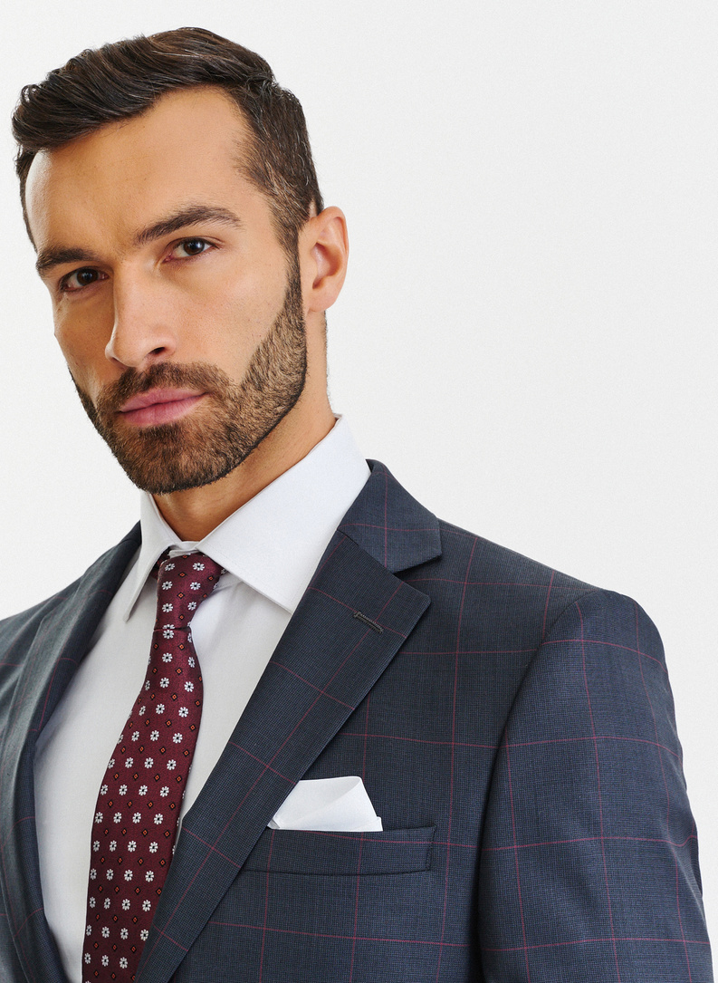 Granatowa marynarka garniturowa w bordową kratę Windowpane