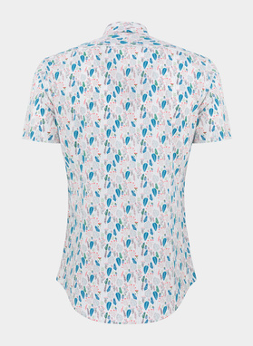 Biała koszula męska na krótki rękaw w kolorowy roślinny deseń