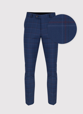 Dwuczęściowy granatowy garnitur męski w czerwono-białą kratę